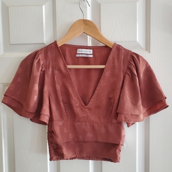 Urban Outfitters Webster Jacquard Flutter Sleeve Top Womens XS in Mauve - Picture 4 of 7